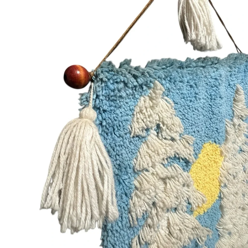 Large 6' MCM 70s‎ 3D Shag Latch Hook Wall Hanging Sun Trees Landscape Snow Retro